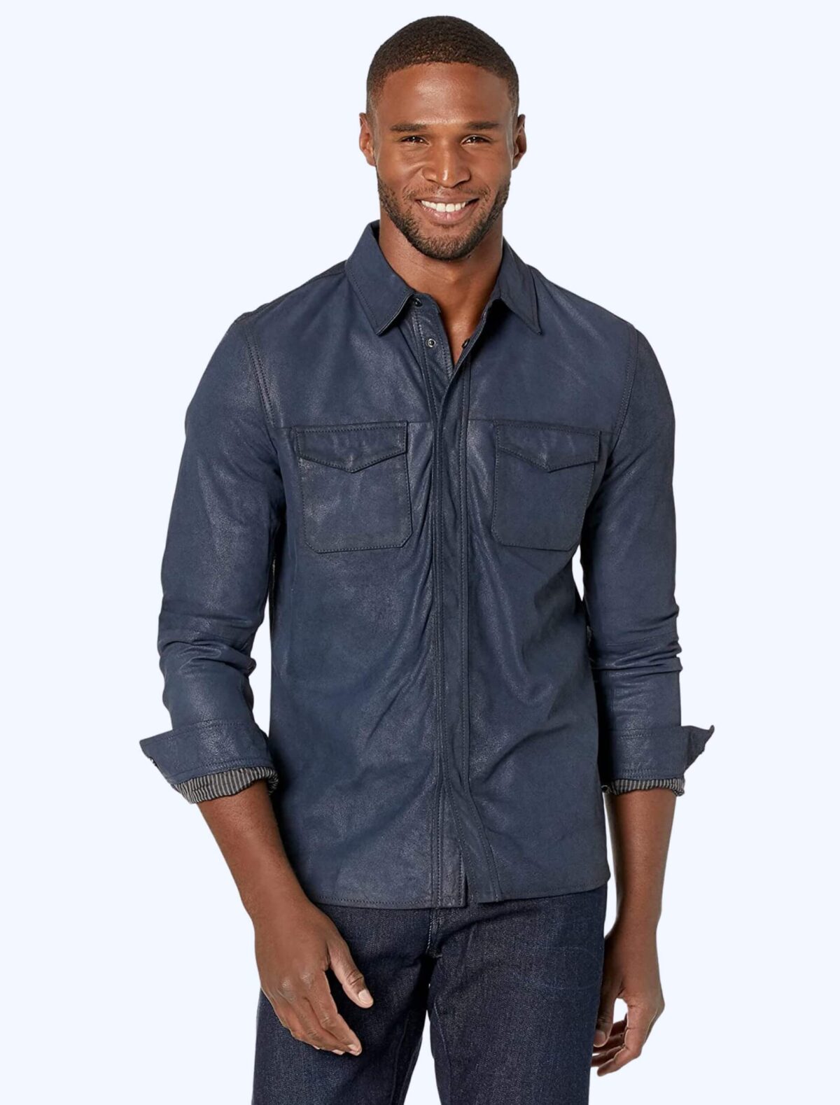 Men Casual Navy Blue Leather Shirt with Long Sleeve