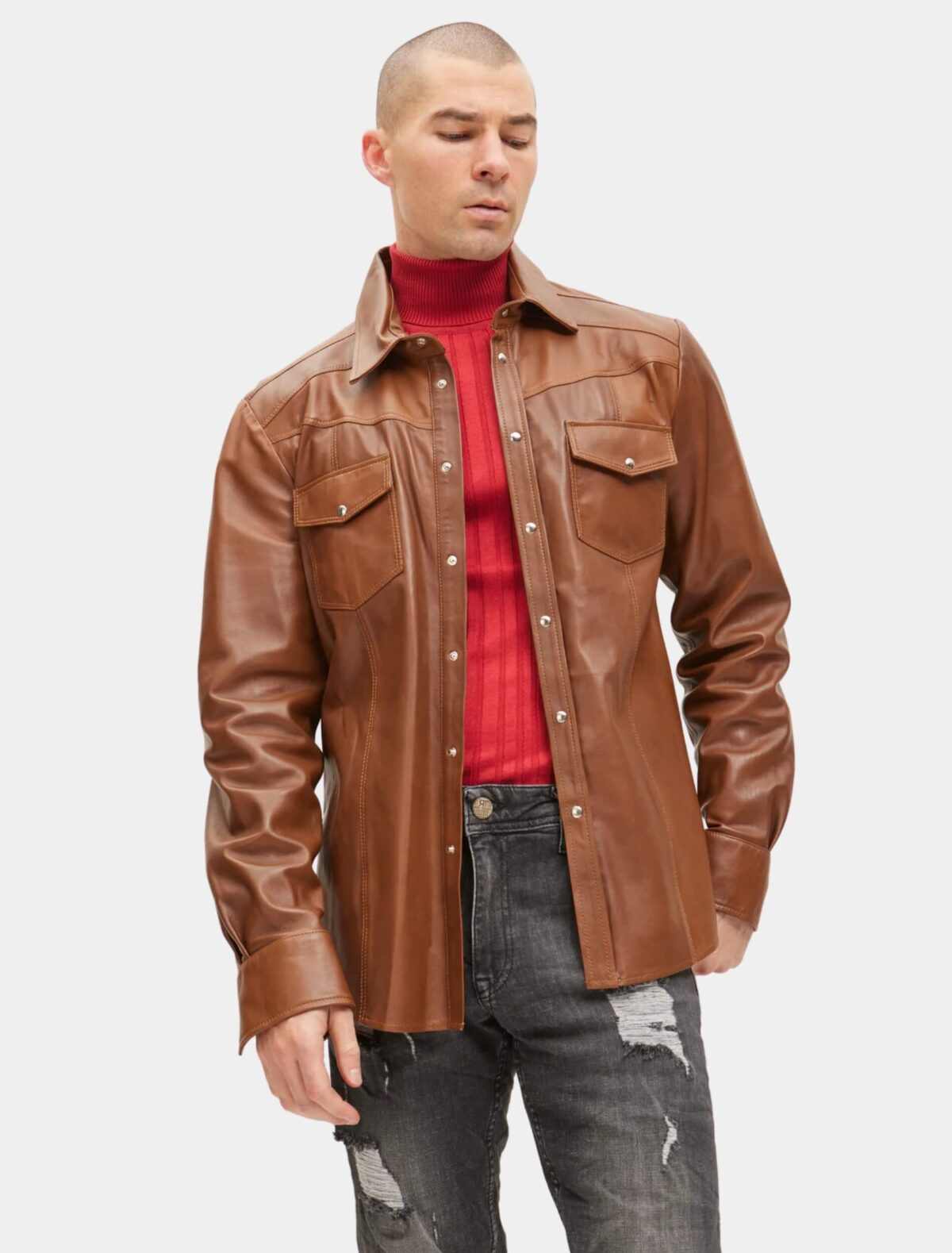 Lambskin Brown Leather Button Down Shirt