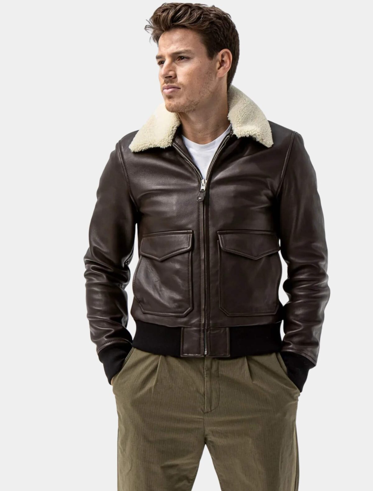 Levi Beige Brown Leather Bomber Jacket With Shearling Collar