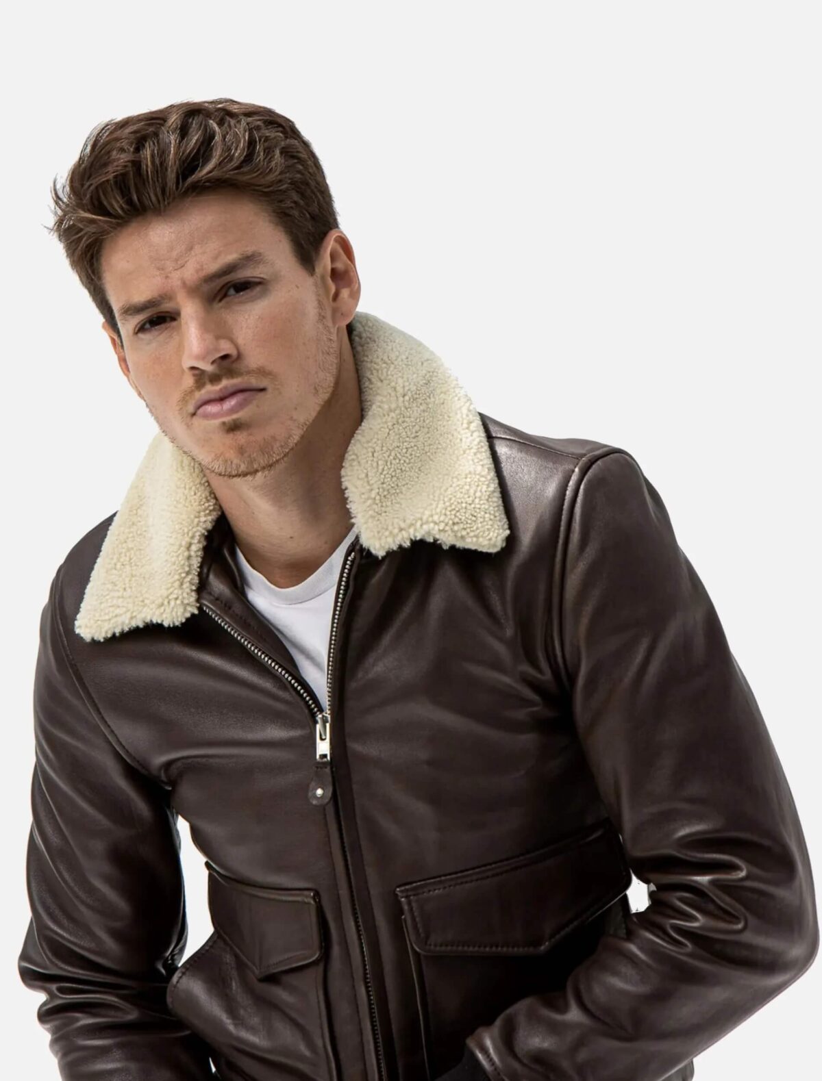 Levi Beige Brown Leather Jacket With Shearling Collar Front