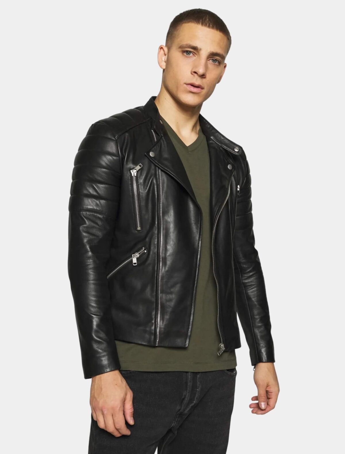 Men’s Gladiator Black Biker Leather Jacket with Quilted Shoulders