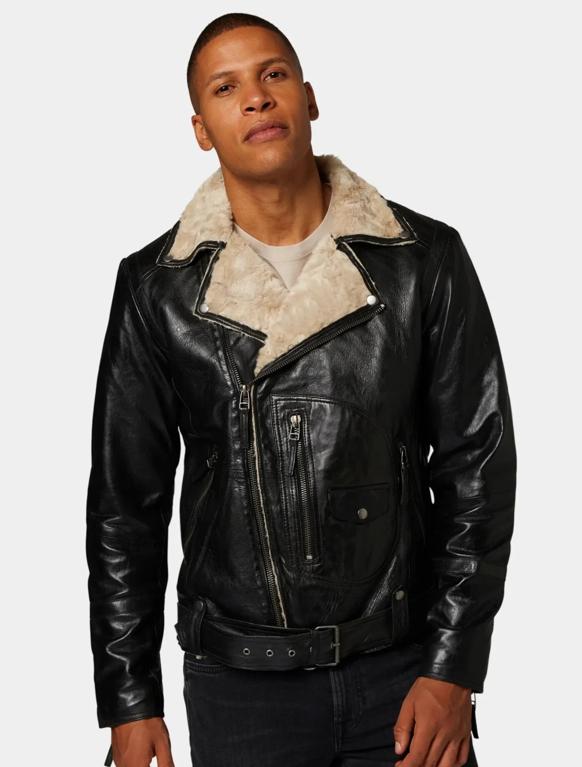 Men’s Classic Black Leather Biker Jacket With Fur Collar