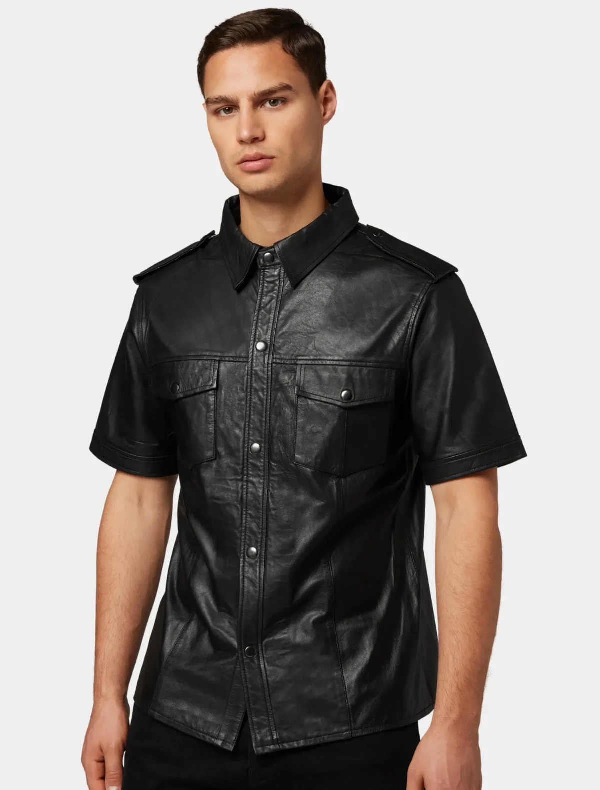 Men’s Classic Black Leather Short Sleeve Shirt