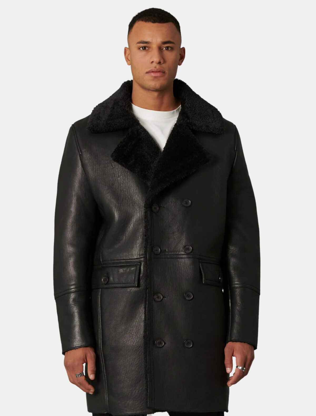 Men's Black Leather Double Breasted Shearling Trench Coat