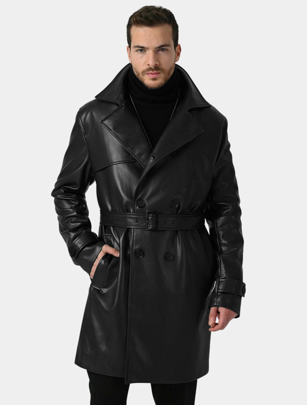Men's Classic Black Double-Breasted Leather Trench Coat