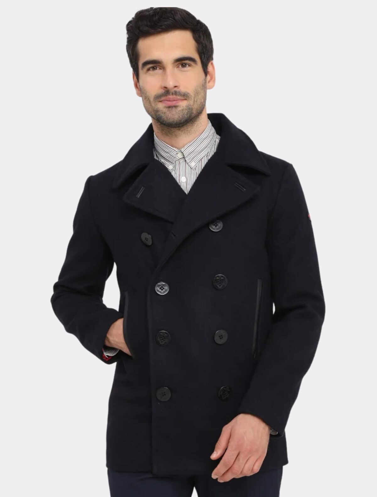 Men’s Classic Black Wool Blend Peacoat with Double Breasted Lapel Collar