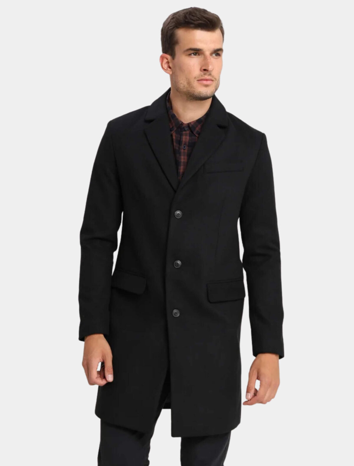 Men’s Classic Black Wool Blend Trench Coat with Button-Up