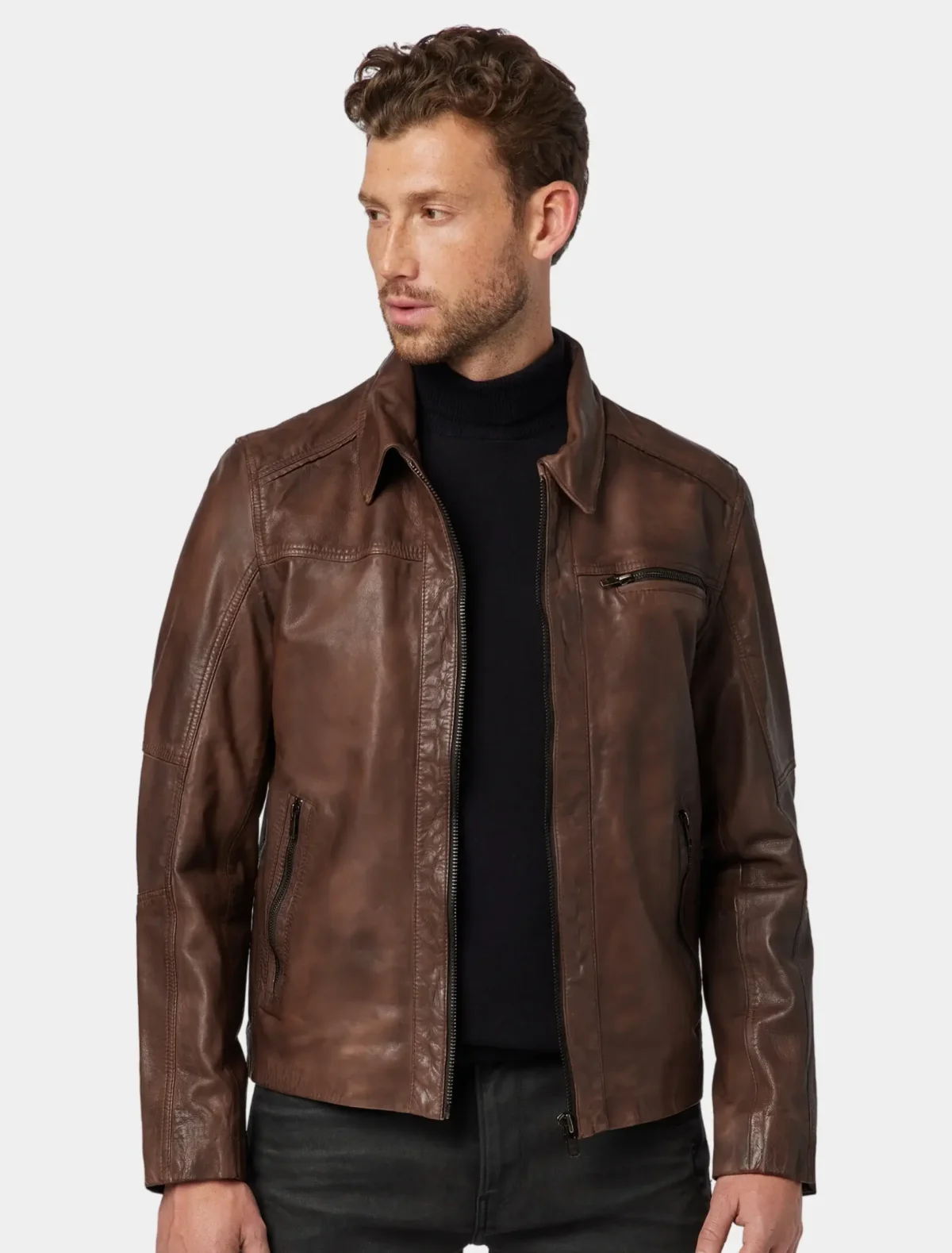 Men’s Brown Leather Trucker Jacket with Classic Zip-Up Style