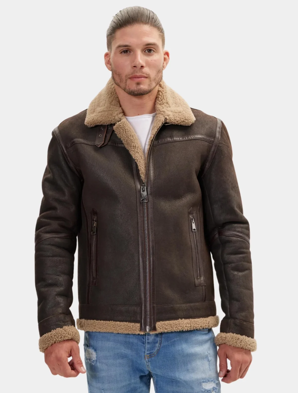 Classic Dark Brown Leather Shearling Aviator Jacket