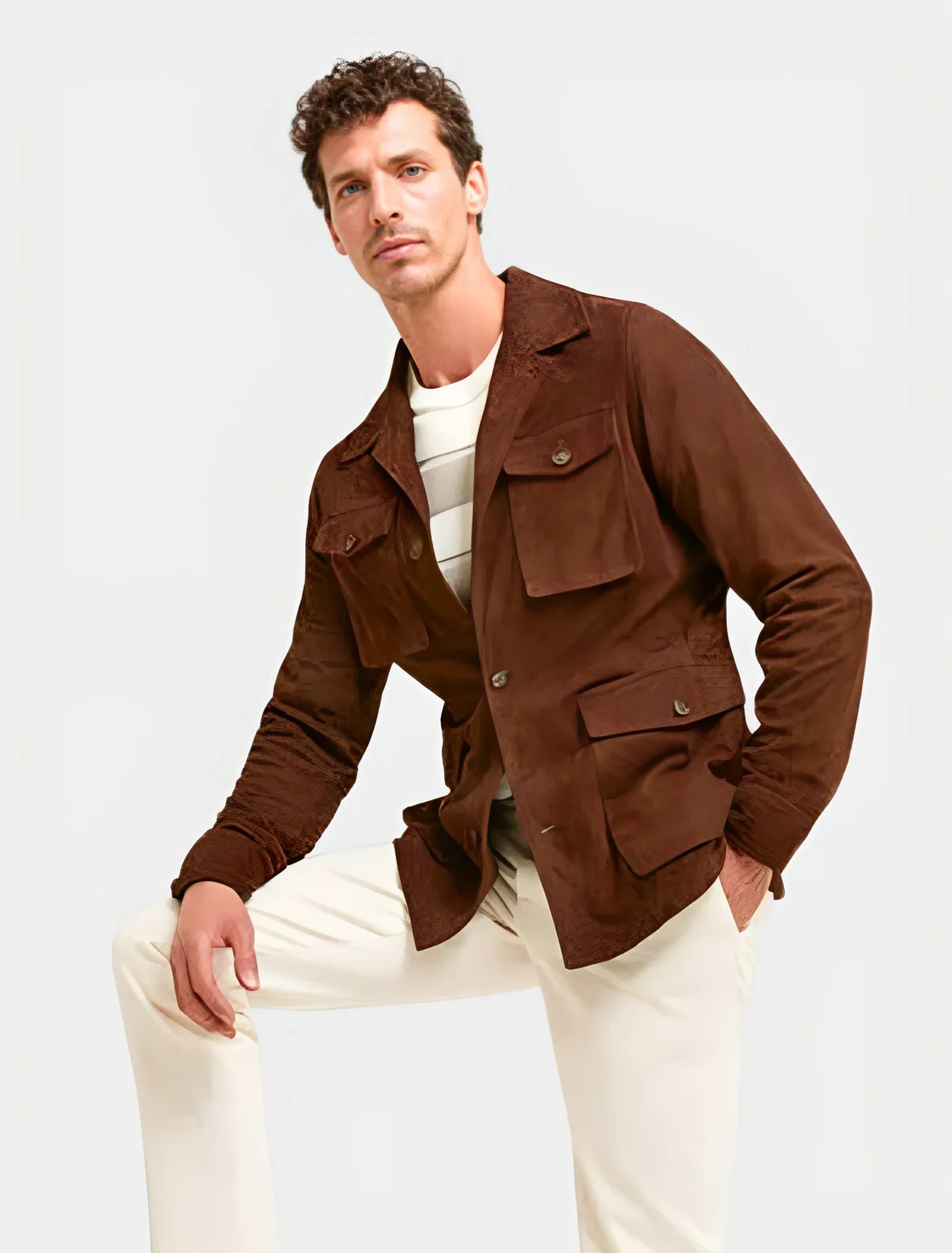 Classic Dark Brown Suede Leather Safari Jacket