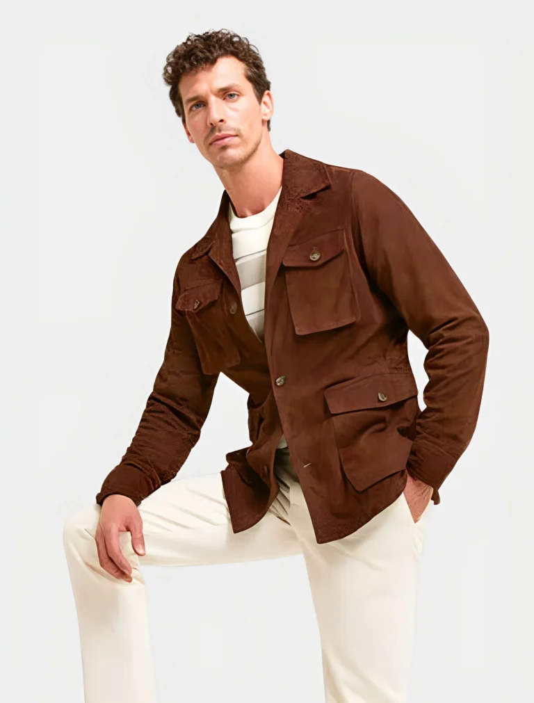 Classic Dark Brown Suede Leather Safari Jacket