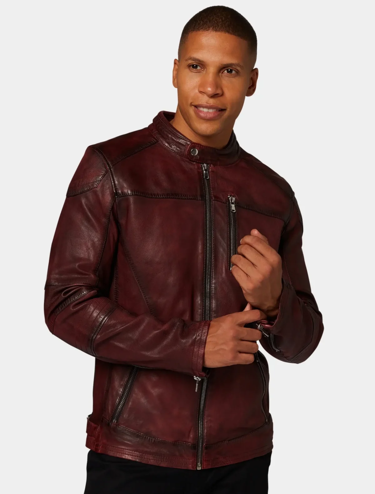 Men’s Maroon Leather Café Racer Jacket with Zipper Closure