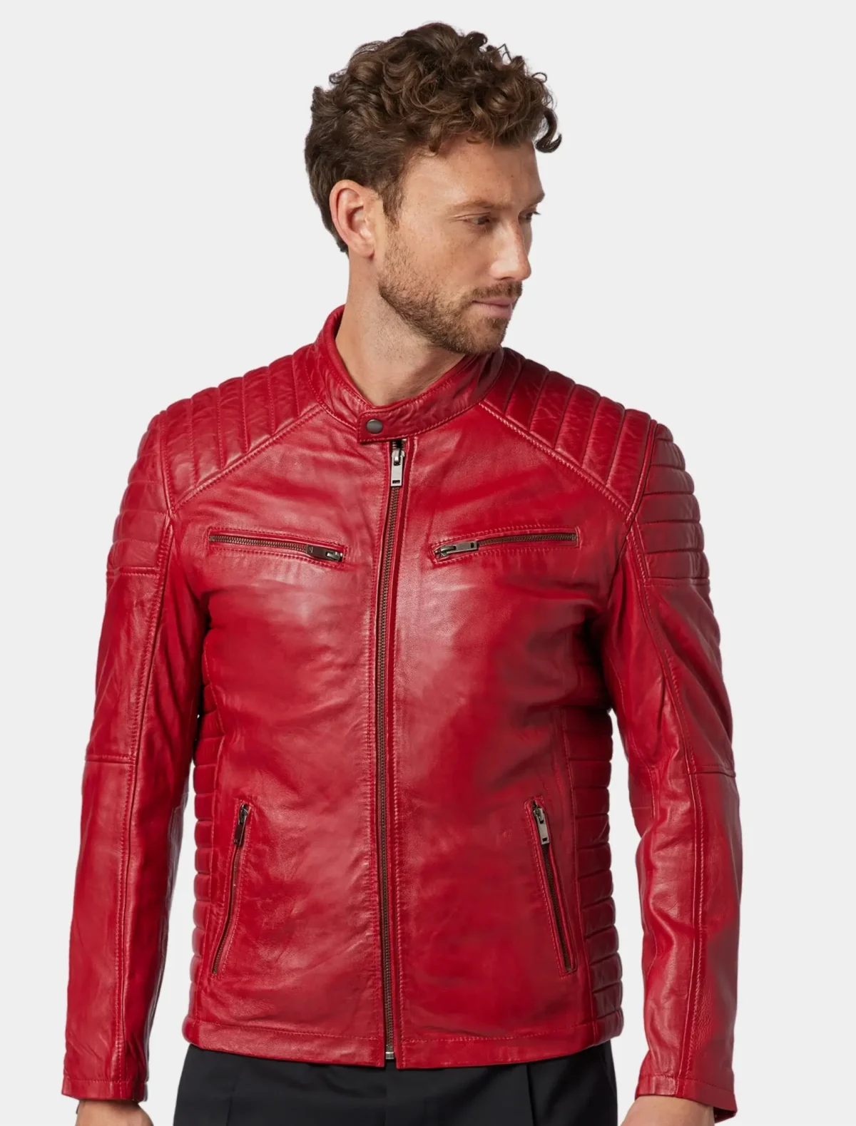 Men’s Red Quilted Leather Cafe Racer Jacket with Stand Collar