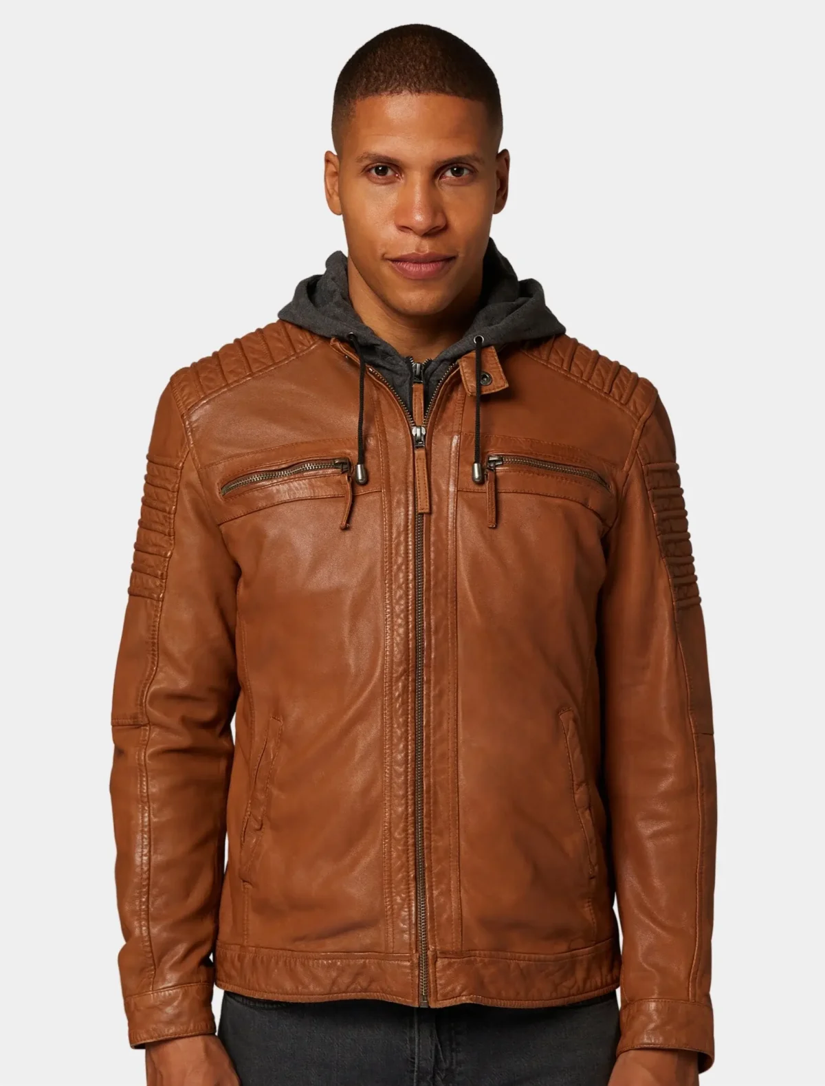Men’s Tan Hooded Café Racer Leather Jacket