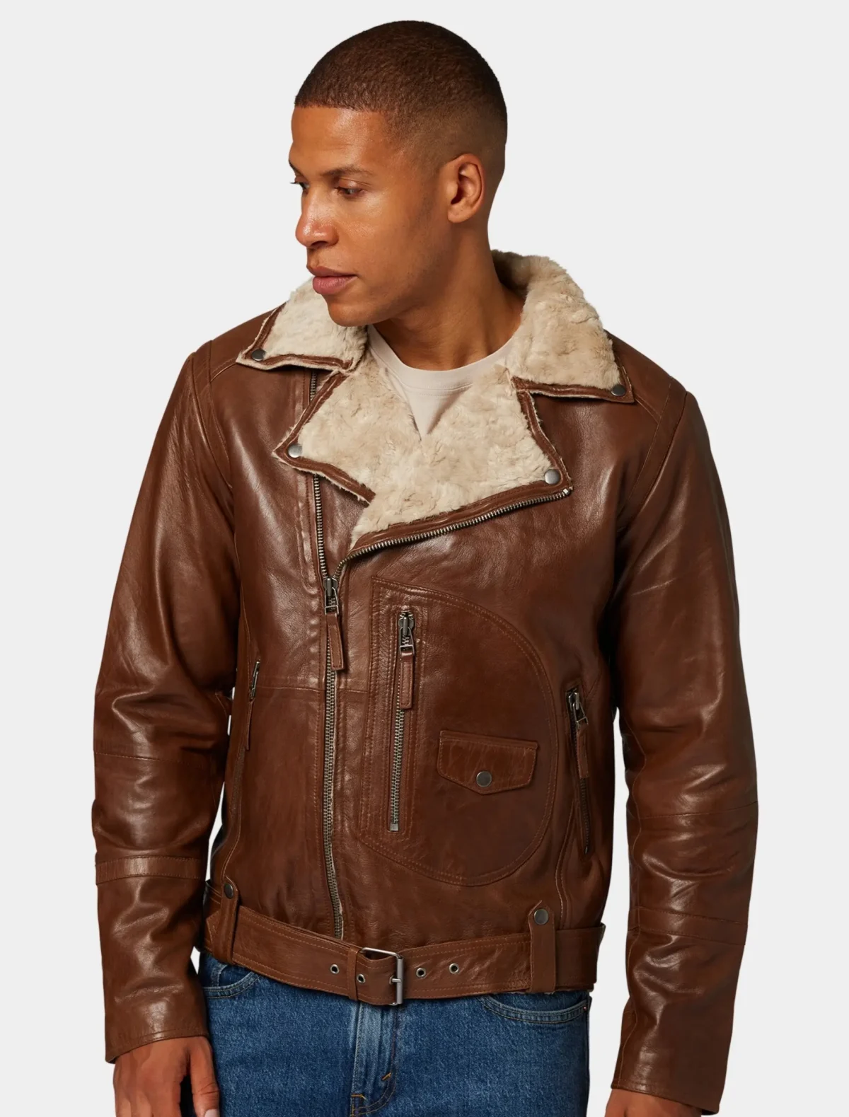 Men’s Classic Tan Leather Biker Jacket With Fur Collar
