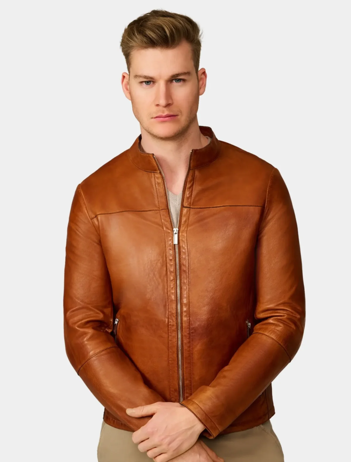 Men’s Brown Leather Bomber Jacket Zip-Up Design