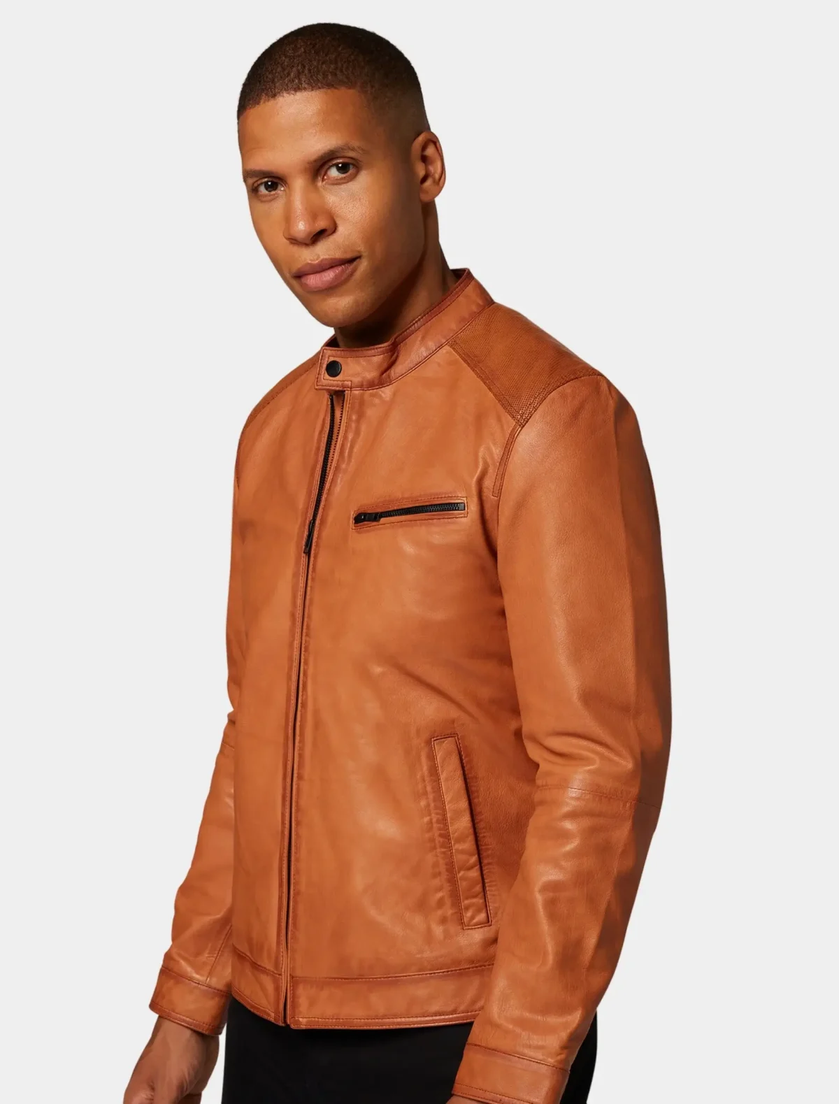 Men’s Distressed Tan Leather Cafe Racer Jacket