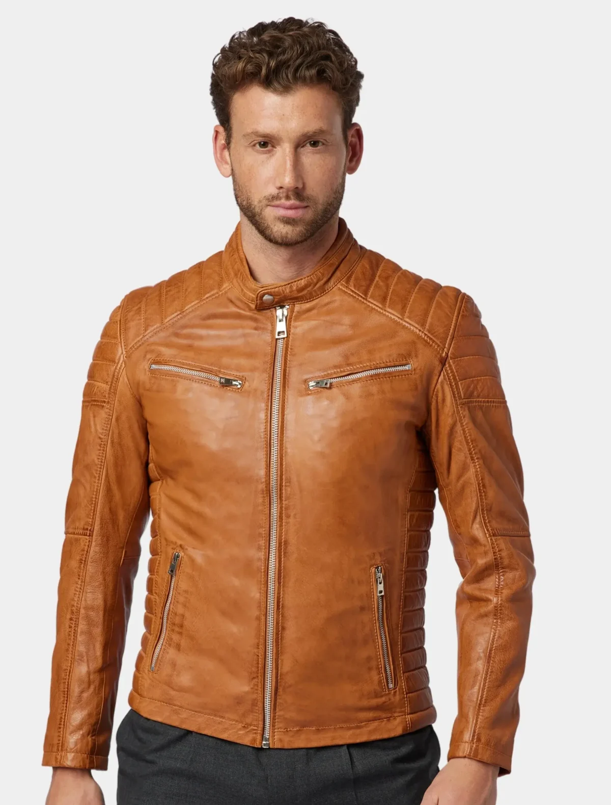 Tan Quilted Café Racer Leather Jacket for Men