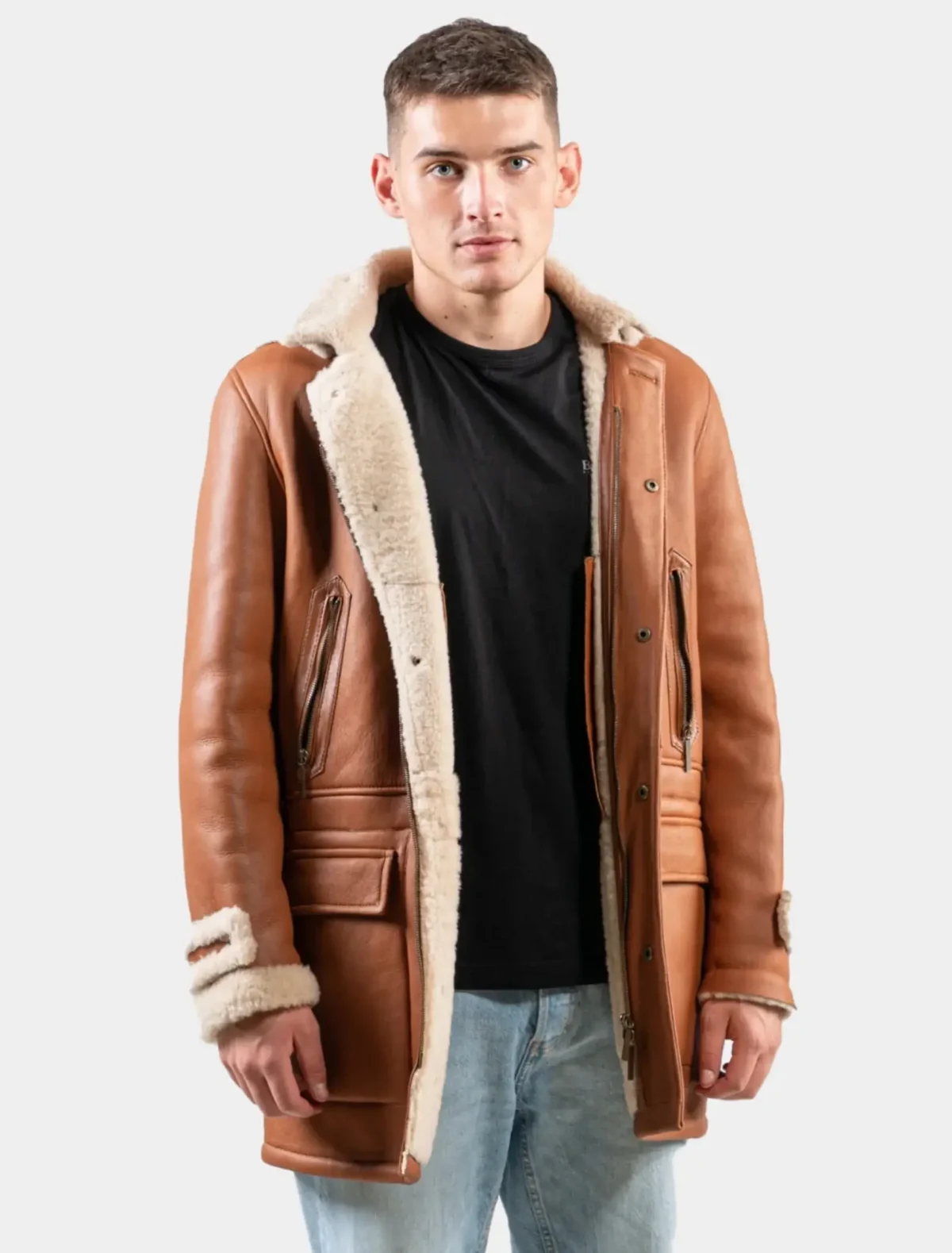 Men's Classic Tan Leather Hooded Shearling Trench Coat