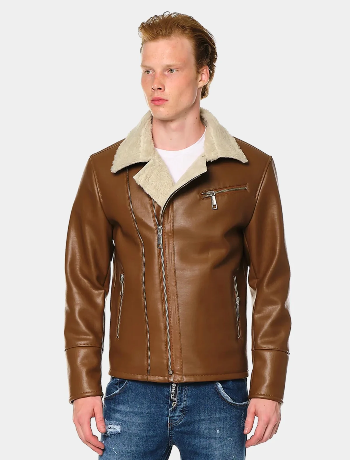 Men’s Moto Brown Faux Leather Shearling Jacket
