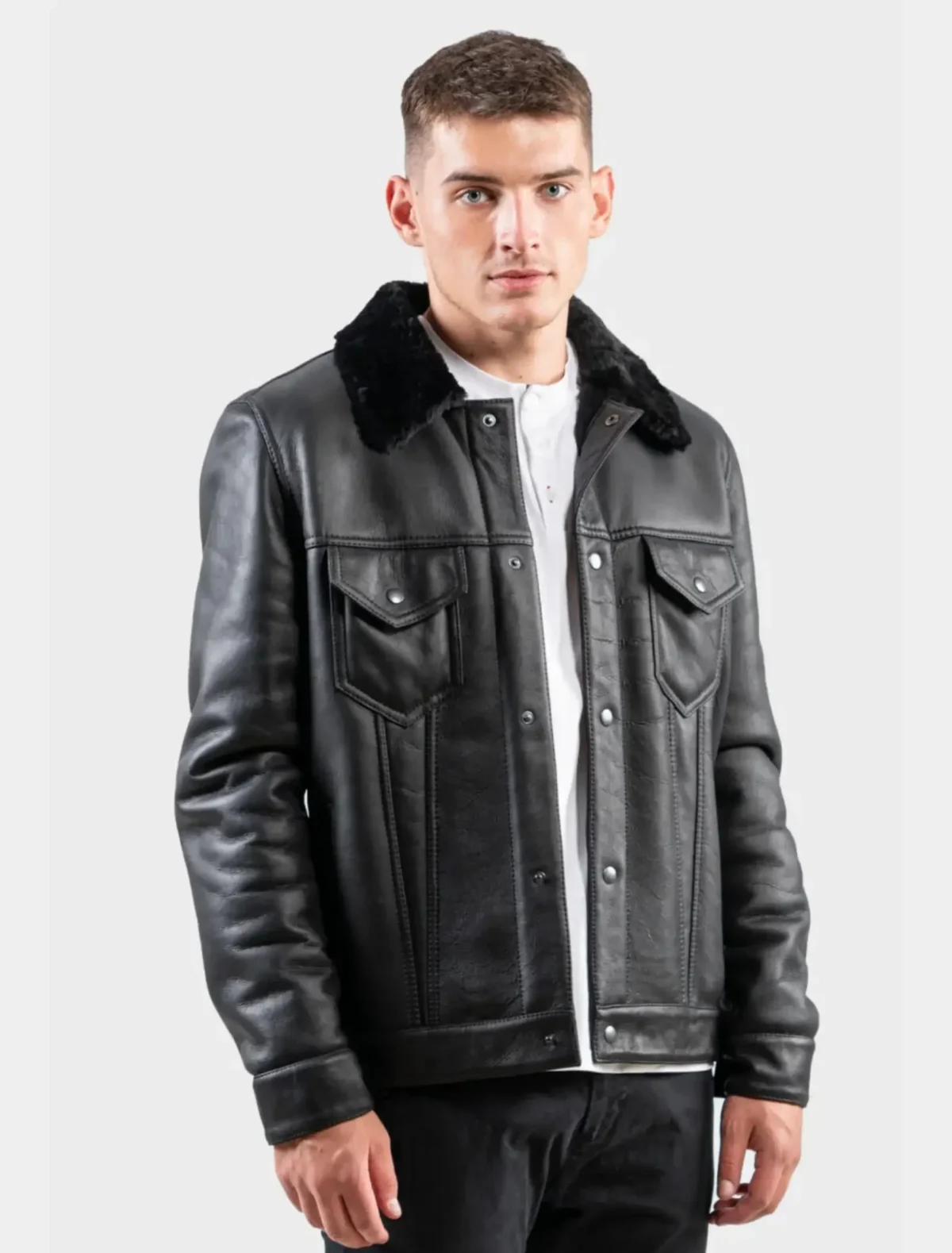 Men’s Black Shearling-Lined Leather Trucker Jacket
