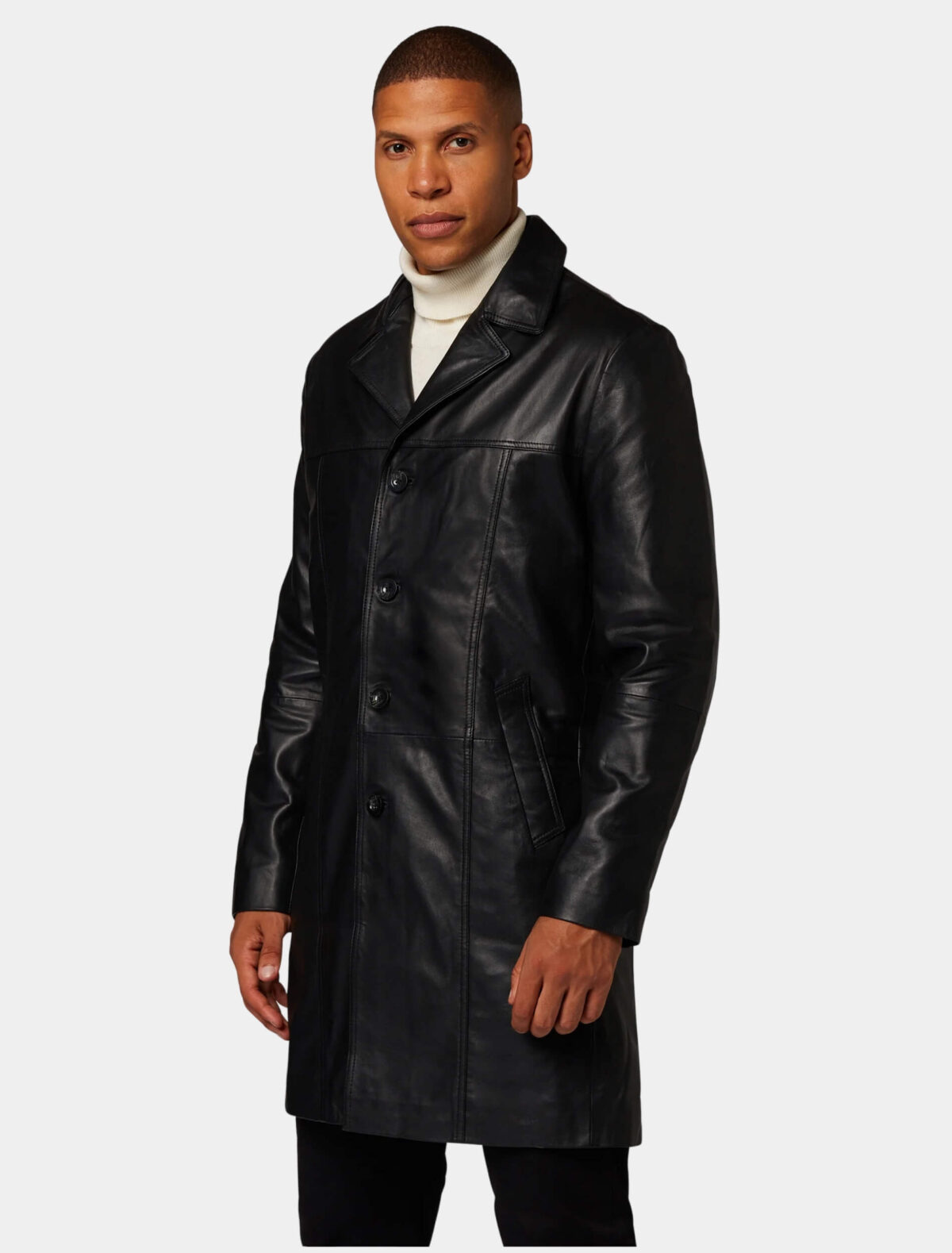 Men’s Classic Black Leather Overcoat with Lapel Collar