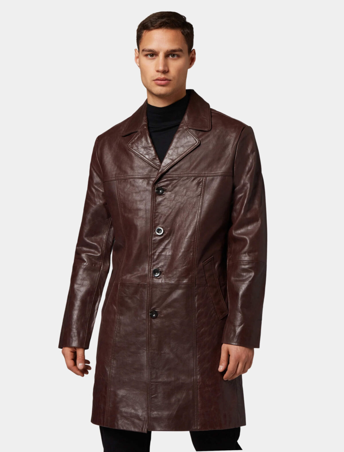 Men’s Classic Dark Brown Leather Trench Coat