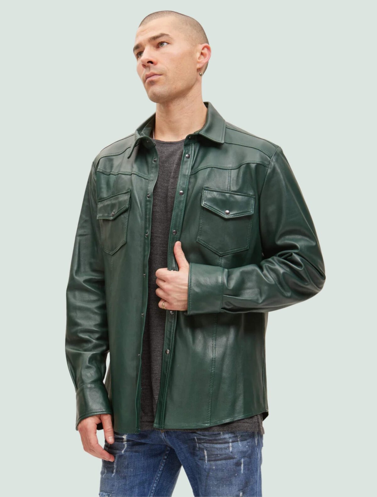 Men's Lambskin Dark Green Leather Button Down Shirt Full Sleeve