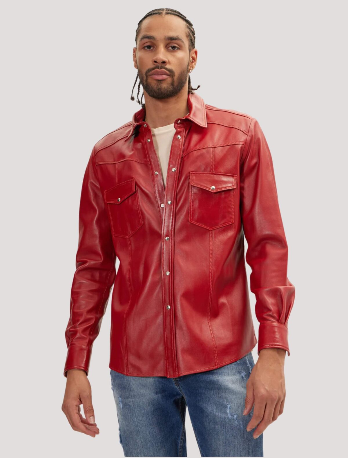 Mens Lambskin Red Leather Button Down Shirt