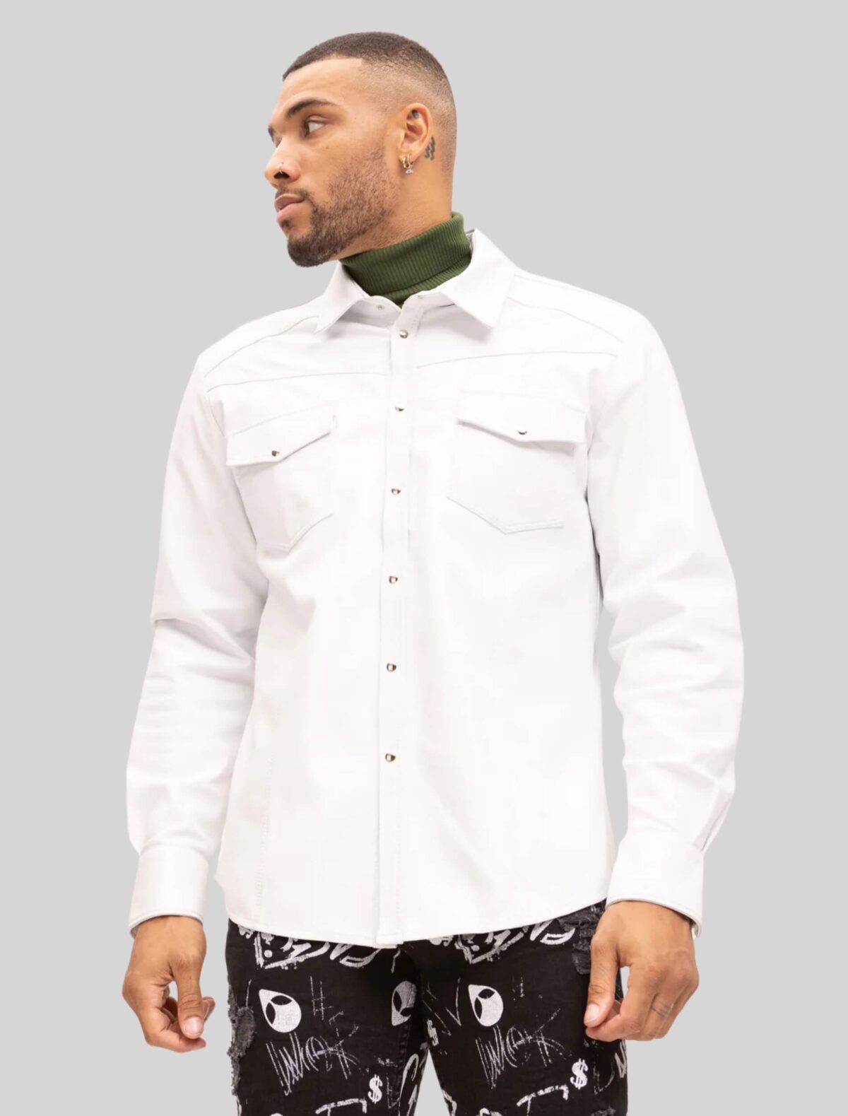 Men's Lambskin White Leather Button Down Shirt Long Sleeve