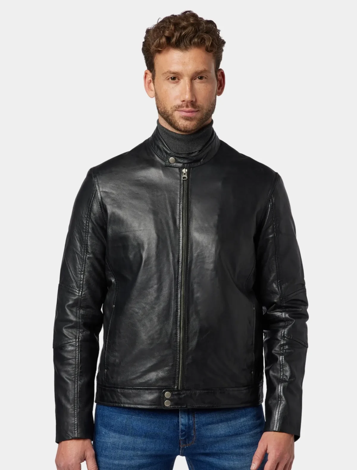 Sleek Black Leather Cafe Racer Jacket
