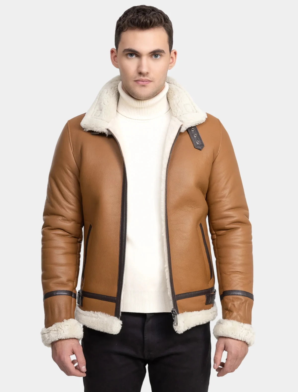 Classy Tan Leather Shearling Aviator Jacket