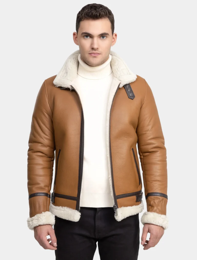 Classy Tan Leather Shearling Aviator Jacket
