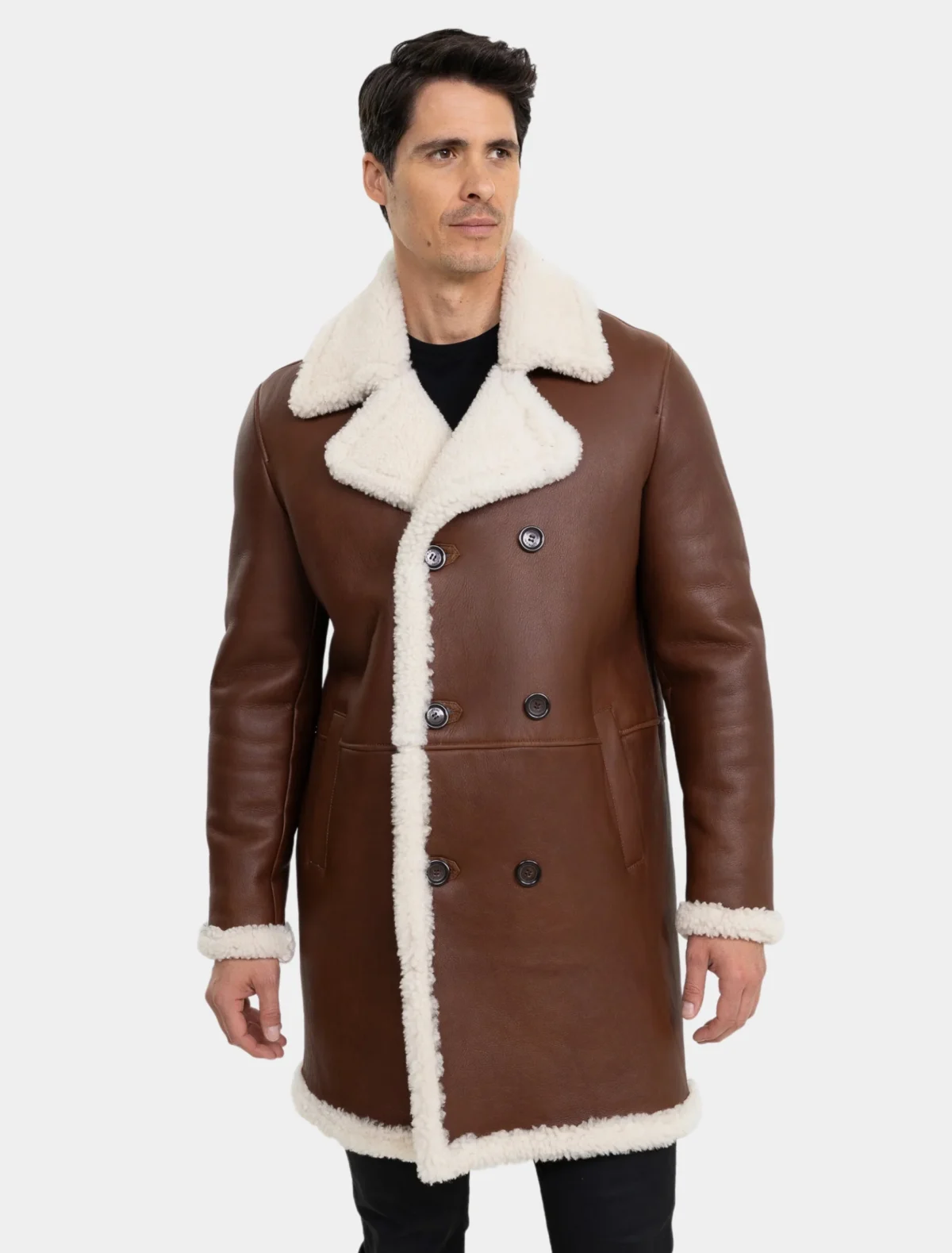 Men’s Dark Brown Shearling Leather Trench Coat with Double Breasted